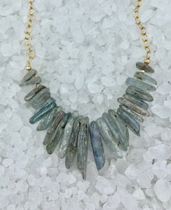 Kyanite necklace, statement necklace, beaded necklace, kyanite beads, gold chain, beads and chain