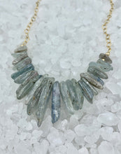 Load image into Gallery viewer, Kyanite necklace, statement necklace, beaded necklace, kyanite beads, gold chain, beads and chain