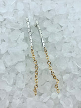 Load image into Gallery viewer, Modern earrings, Silver and gold, Mixed metal, punkrock jewelry, handmade jewelry, organic texture silver, silver stick earrings, gold chain accent, long earrings, gold and silver punk glam, elegant punk, modern punk, sleek earrings