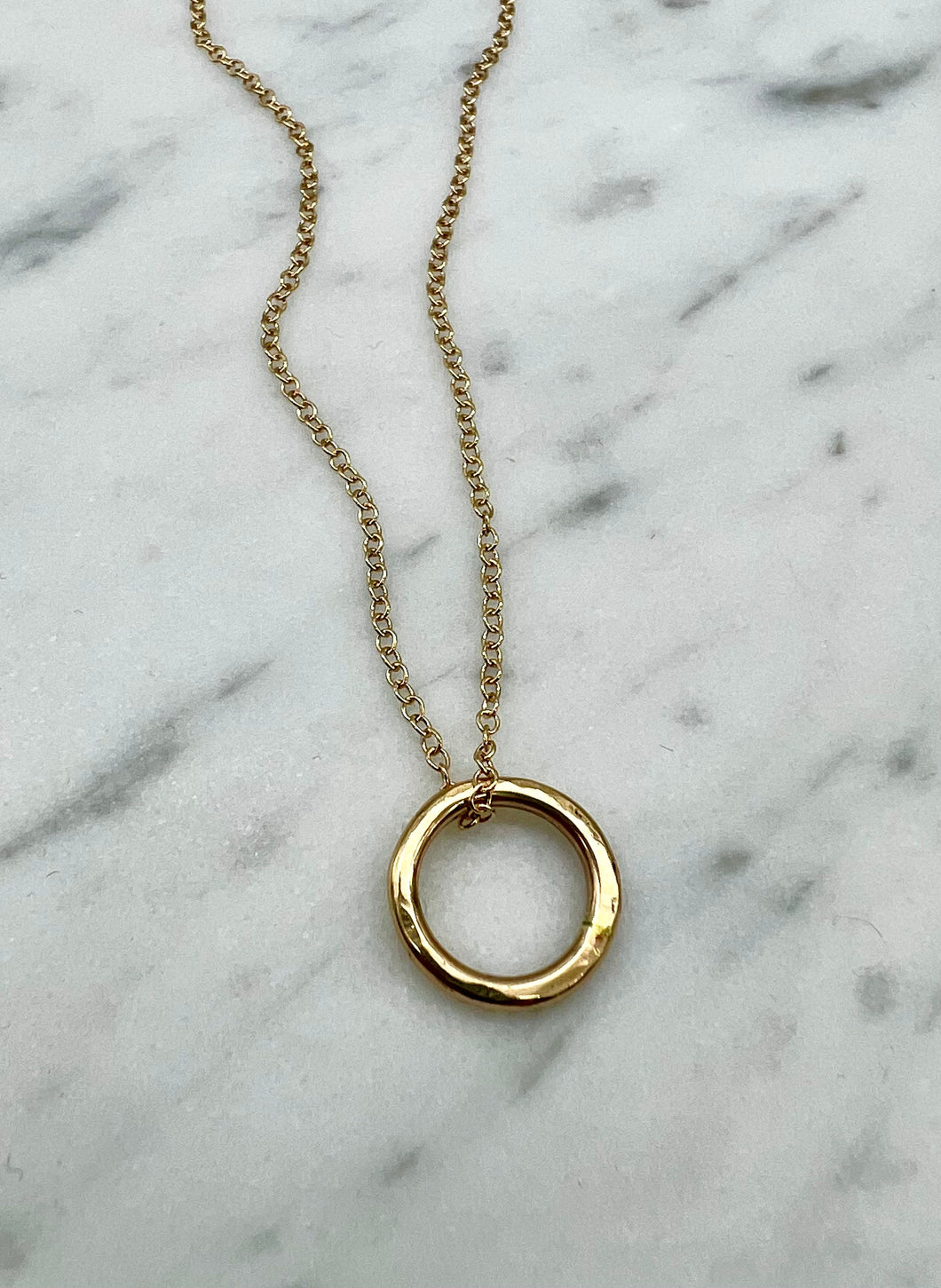 Gold Circle pendent necklace, delicate gold necklace, hammered gold ring, rustic elegant jewelry, gold ring, handmade