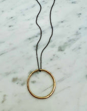 Load image into Gallery viewer, Large Gold Circle Pendant on Black Silver Necklace