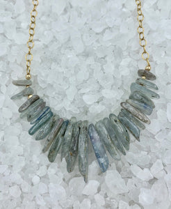 Kyanite necklace, statement necklace, beaded necklace, kyanite beads, gold chain, beads and chain