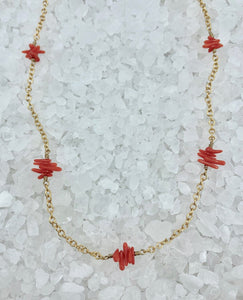 Coral necklace, Red Coral and gold necklace, gold necklace with coral, red coral sticks, red coral necklace