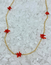 Load image into Gallery viewer, Coral necklace, Red Coral and gold necklace, gold necklace with coral, red coral sticks, red coral necklace