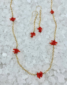 Coral necklace, Red Coral and gold necklace, gold necklace with coral, red coral sticks, red coral necklace
